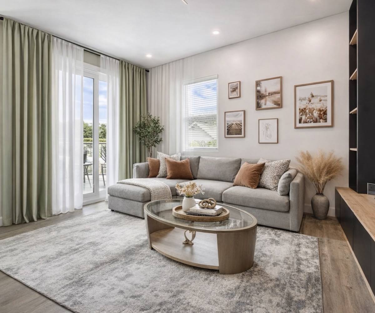 Sun-soaked living room with sectional and curated art at downtown St. Pete condo