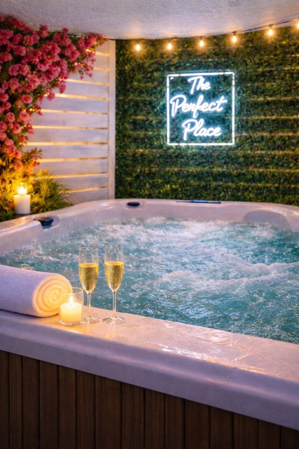 Private hot tub with neon Perfect Place sign at Indian Rocks Beach rental