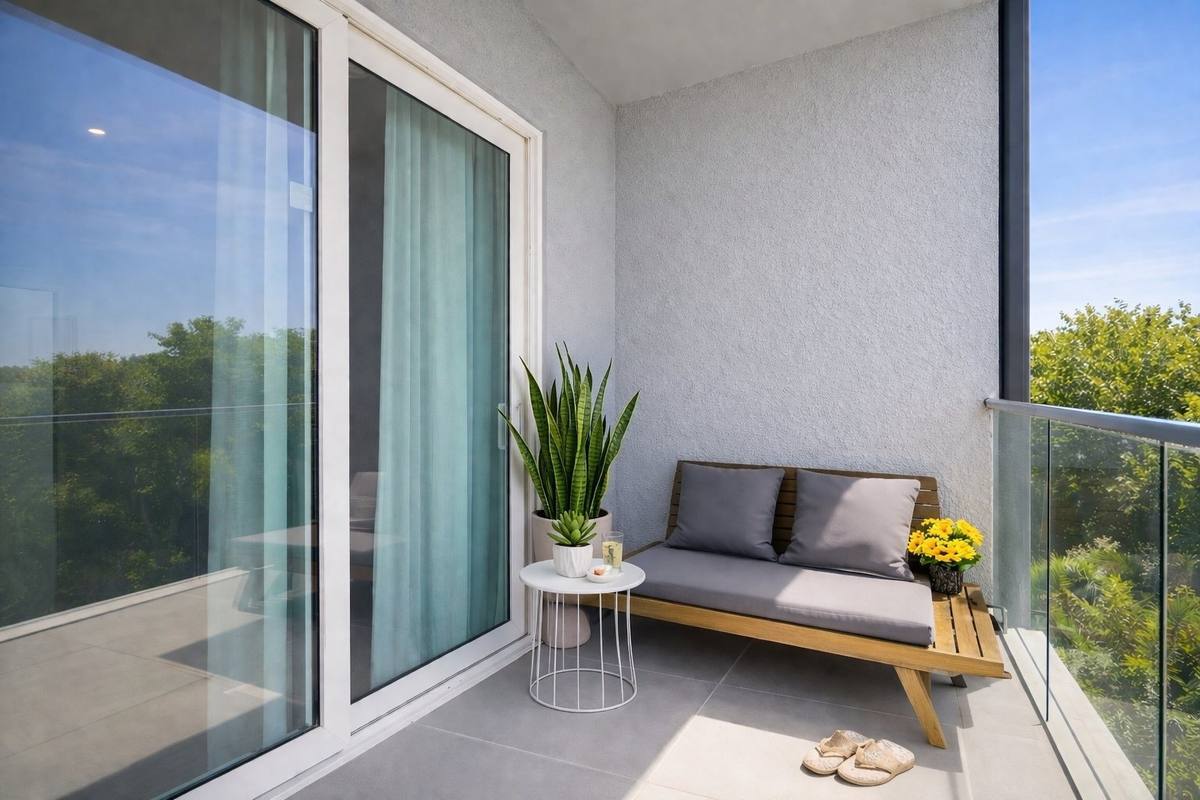 Private balcony with lounge seating and palms at St. Pete 1-bedroom rental