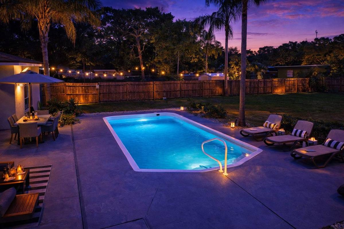 Heated pool glowing at twilight with string lights and Adirondack chairs at Clearwater family rental