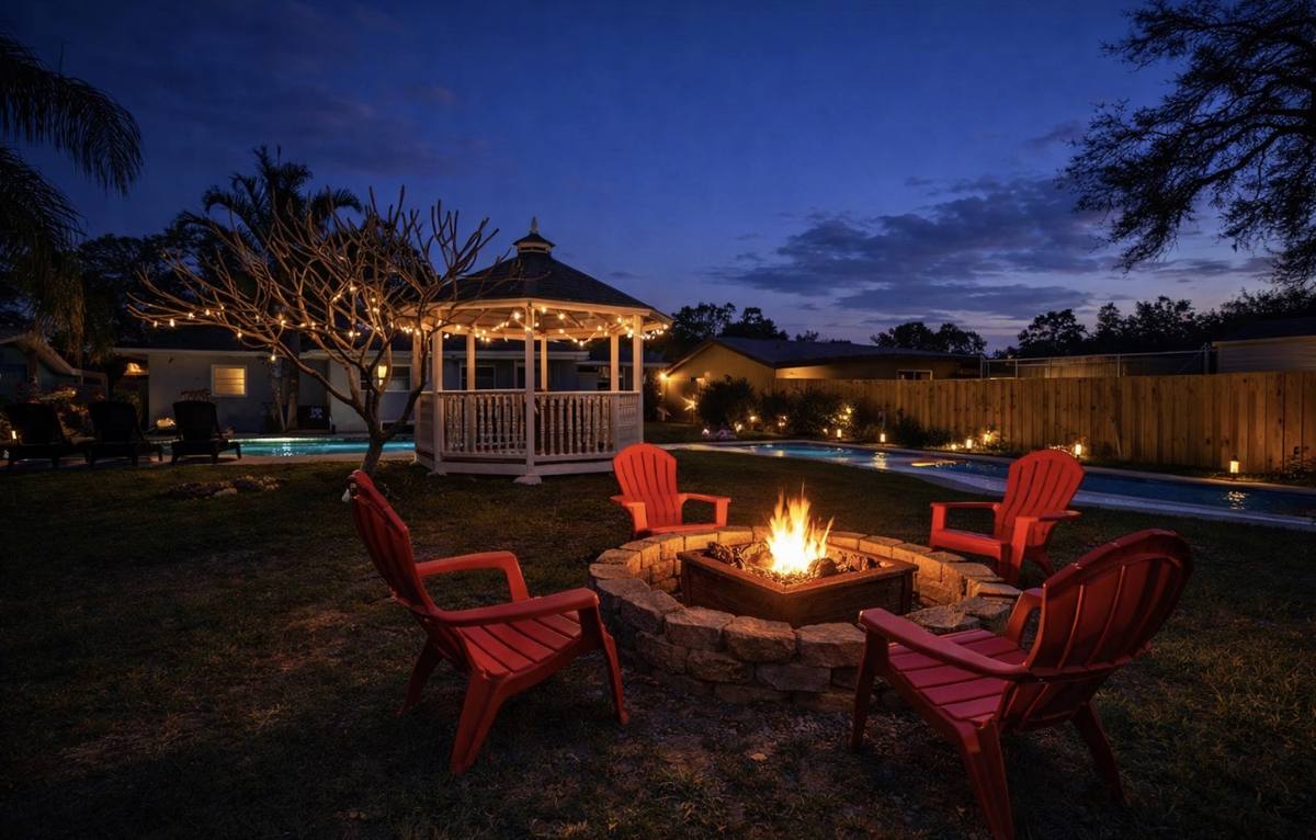 Lit gazebo and Adirondack fire pit circle at twilight at Largo pool rental