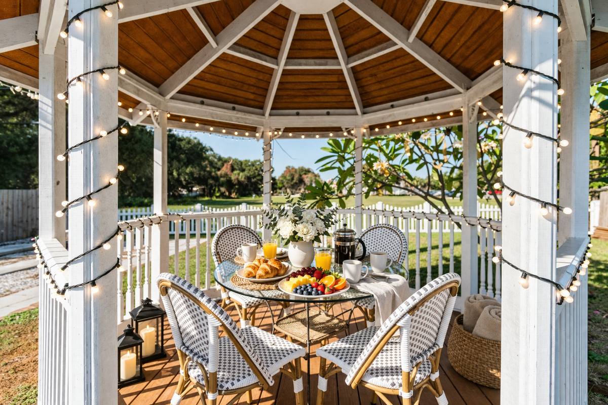 Lit gazebo with bistro dining and string lights at Largo rental near Indian Rocks Beach