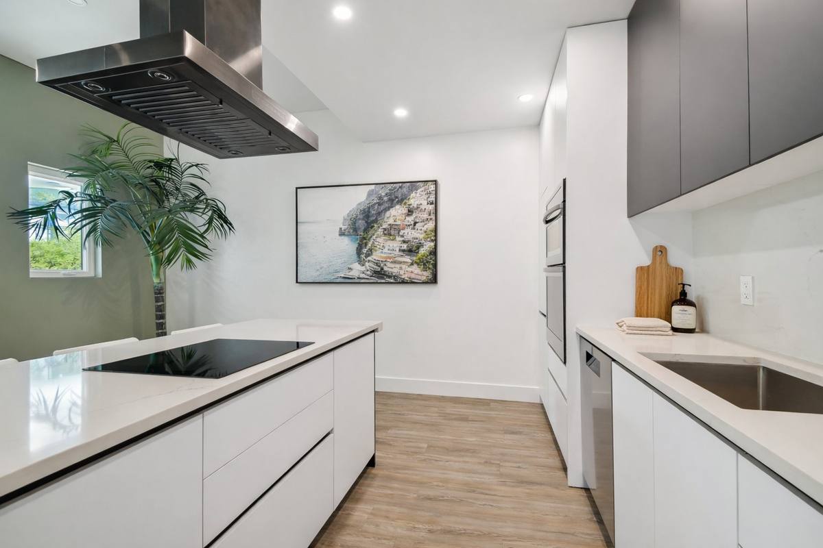 Spa-style bath with walk-in tile shower at St. Pete modern 1-bedroom