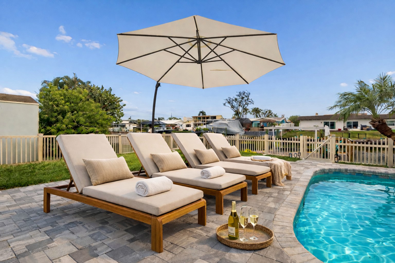 Pool loungers and umbrella beside the heated pool at Tampa waterfront rental