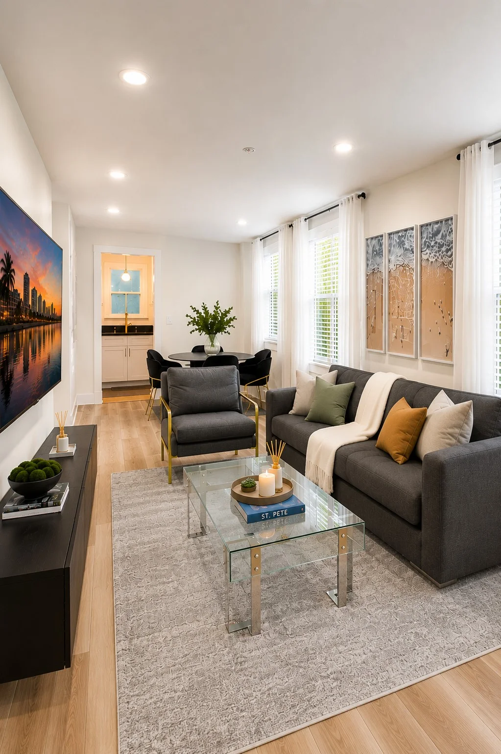 Open-plan living room with dark sectional, gold glass coffee table, accent chairs and St. Pete city art at downtown bungalow