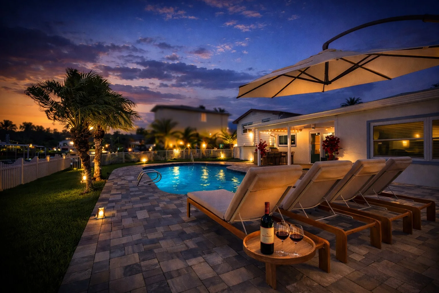 Tampa waterfront rental heated pool at twilight with lounge chairs, wine and dramatic sunset sky
