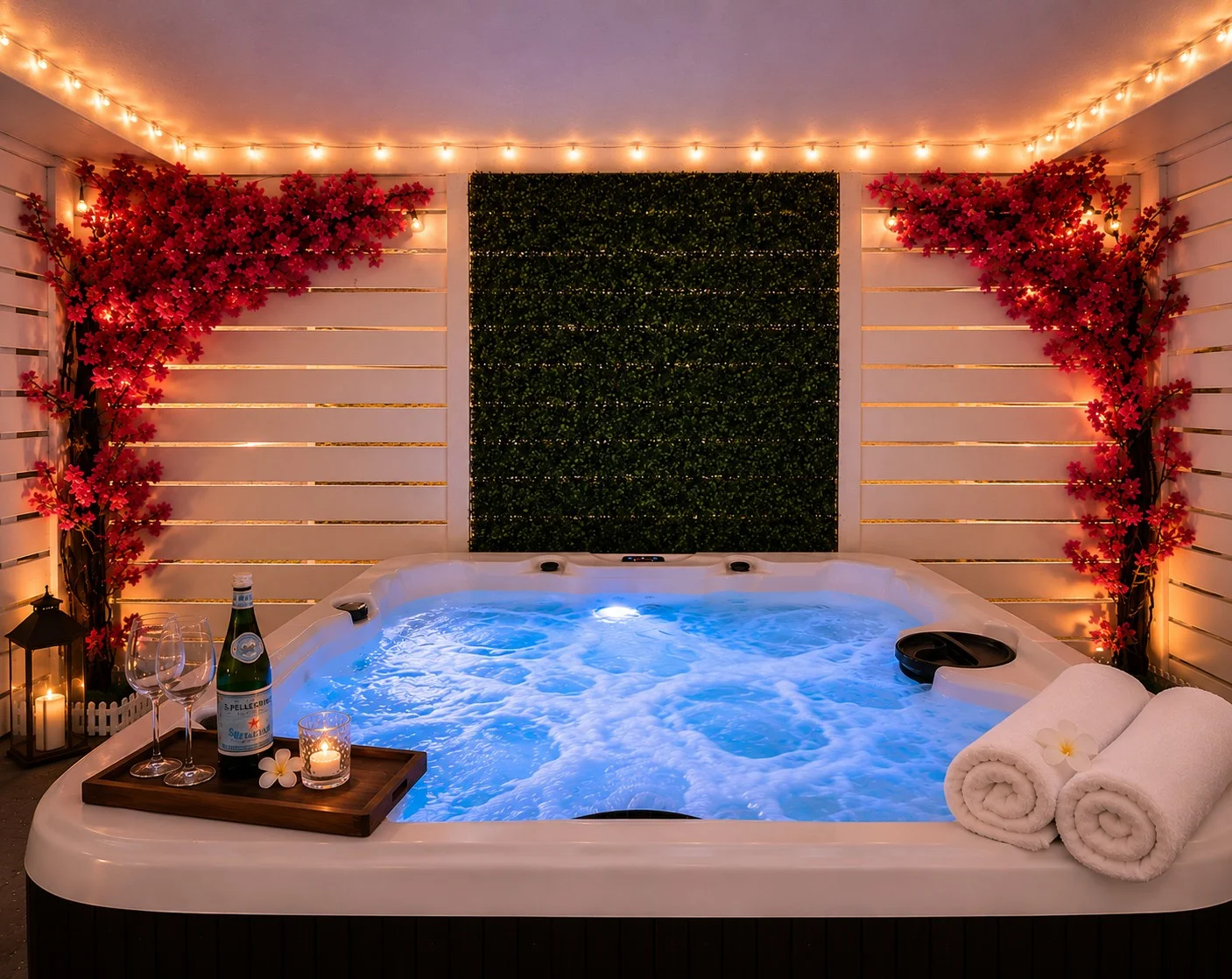 Private hot tub with string lights, red floral walls, sparkling water, wine and candles at Indian Rocks Beach rental