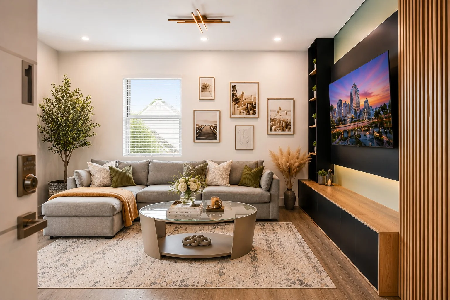 Open living room with gray sectional, gallery wall, built-in TV wall and balcony door at downtown St. Pete condo