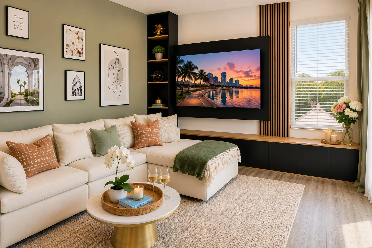 Living room with cream sectional, built-in TV wall, gallery art, orchids and balcony door at St. Pete modern retreat