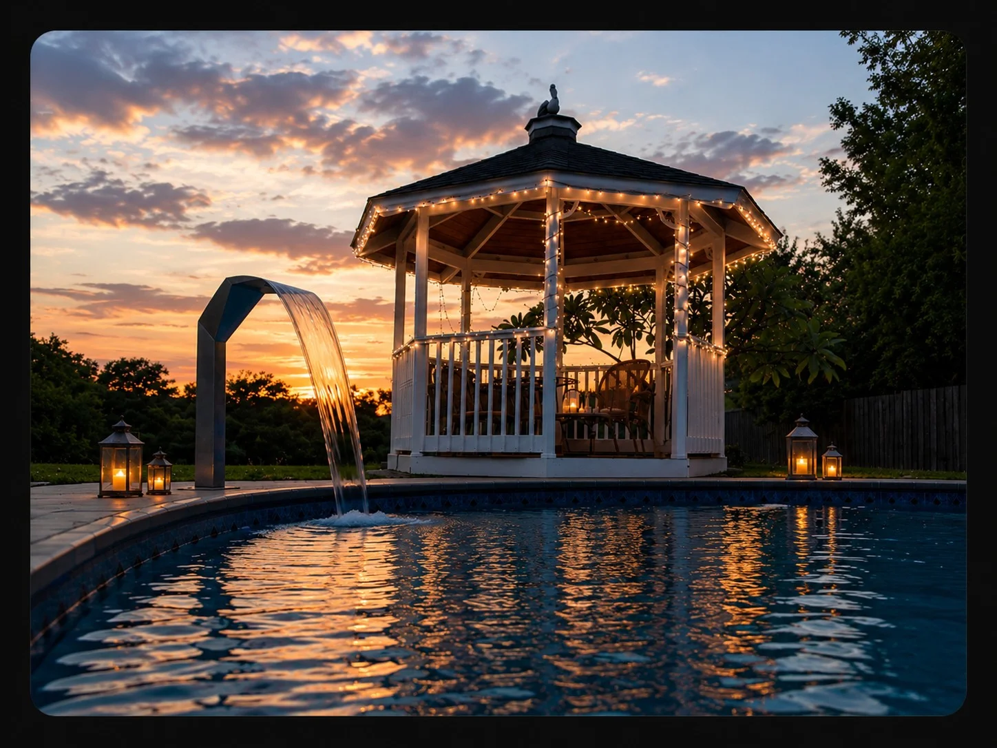 Heated pool with cascading waterfall feature and lit gazebo at sunset at Largo vacation home
