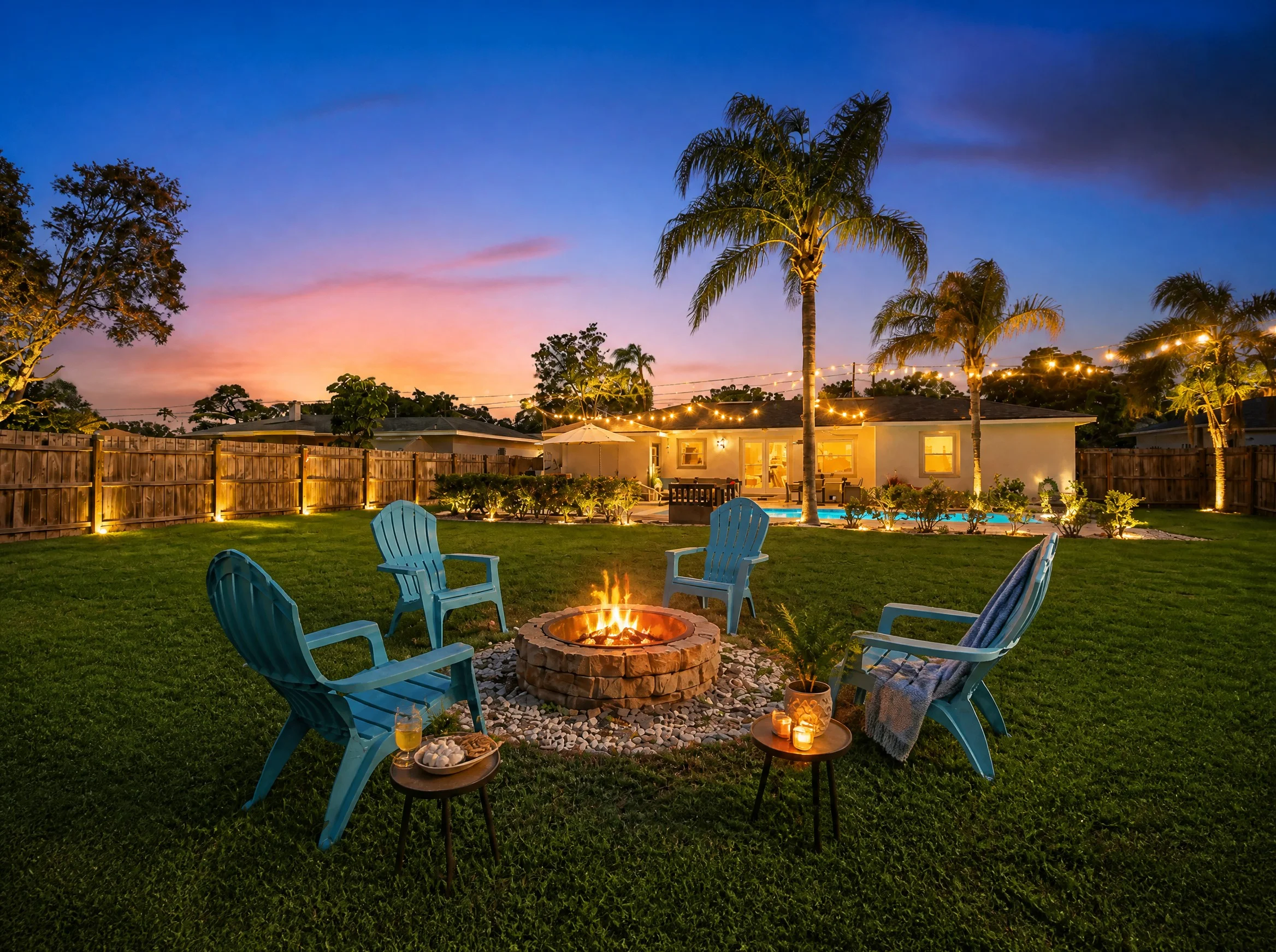Fire pit with teal Adirondack chairs, glowing pool and string-lit gazebo at twilight at Clearwater vacation home
